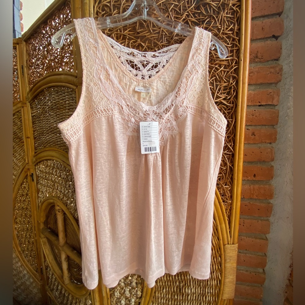 Anthropologie Pale Pink Lace-Trim Sleeveless Blouse